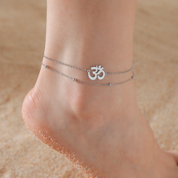 Skyrim Indian Buddhism Yoga OM Anklet Women Stainless Steel Double Layer Beads Chain Ankle Bracelet Amulet Summer Accessories