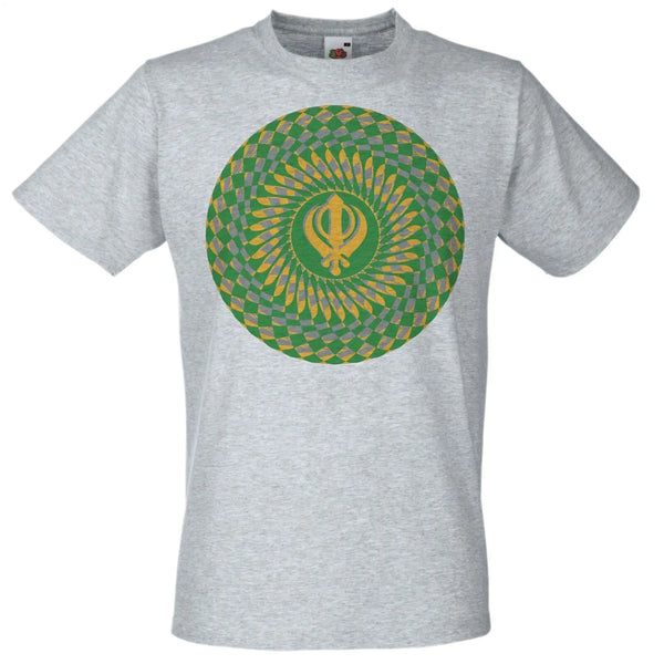 Unisex Grey Spiritual Psy-Trance Khanda Sikh Psychedelic Goa Mandala T-Shirt