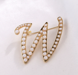 Vintage Look Gold Plated Letter Faux Pearls Brooch Suit Coat Broach Pin GGG3